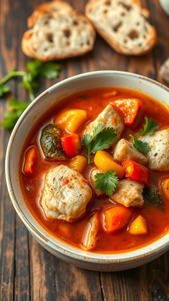 A bowl of spicy tilapia pepper soup with fish chunks and peppers, garnished with cilantro on a rustic table with bread.